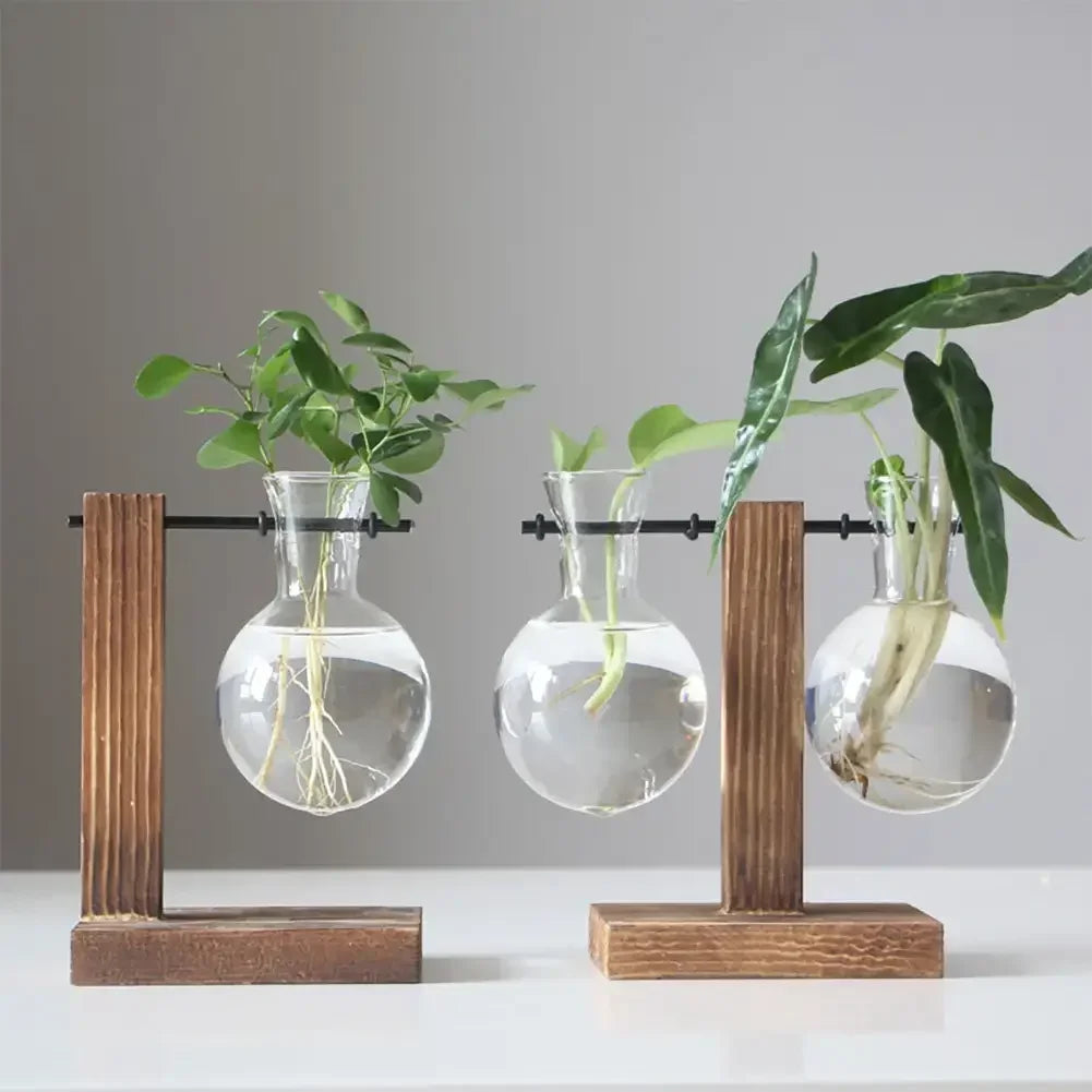 Vintage Flower Pot with Transparent Wooden Frame – Glass Tabletop Terrarium Vase for Plants