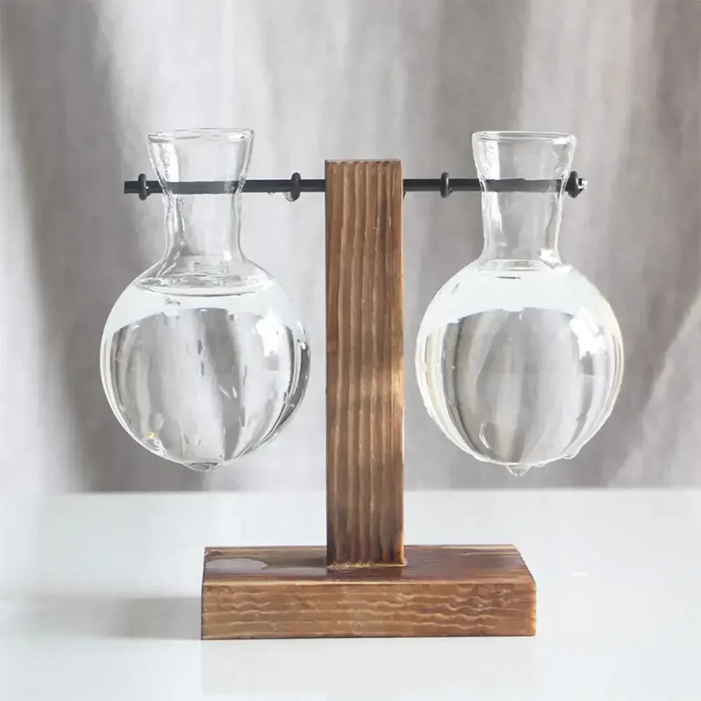 Vintage Flower Pot with Transparent Wooden Frame – Glass Tabletop Terrarium Vase for Plants