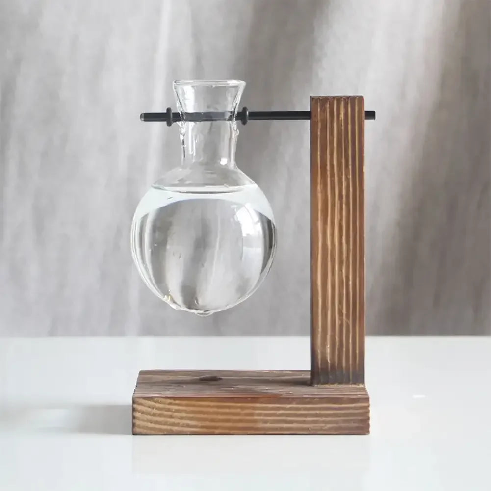 Vintage Flower Pot with Transparent Wooden Frame – Glass Tabletop Terrarium Vase for Plants