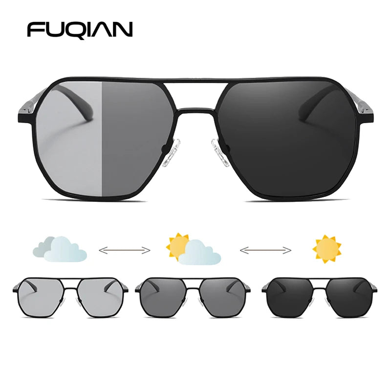 Luxury Metal Photochromic Polarized Sunglasses for Men, UV400 Anti-Glare Driving Shades