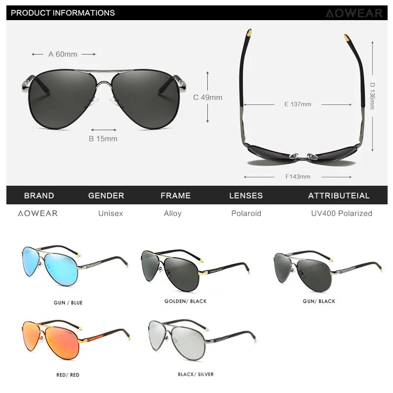 AOWEAR Men's Polarized Aviation Sunglasses UV400 Pilot Driving Glasses