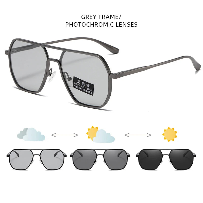 Luxury Metal Photochromic Polarized Sunglasses for Men, UV400 Anti-Glare Driving Shades