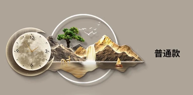 ساعة حائط فاخرة صامتة - جدارية مضيئة بمنظر طبيعي لتزيين المطاعم