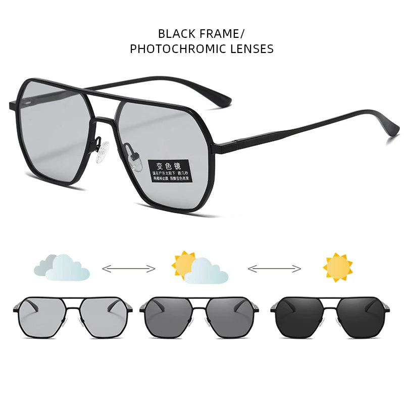 Luxury Metal Photochromic Polarized Sunglasses for Men, UV400 Anti-Glare Driving Shades