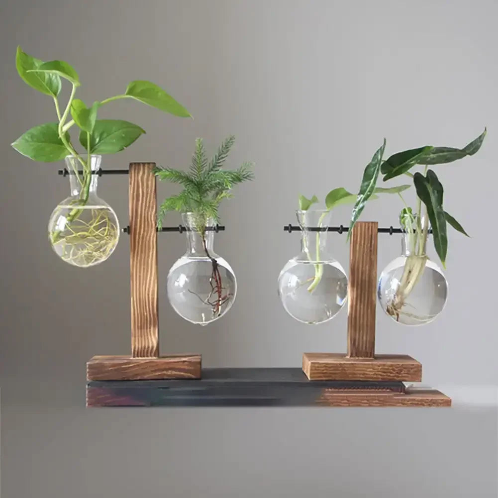 Vintage Flower Pot with Transparent Wooden Frame – Glass Tabletop Terrarium Vase for Plants