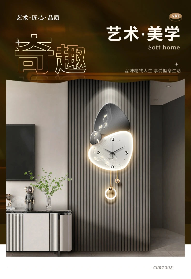 Light Luxury Living Room Wall Clock – Elegant Background Decoration with Stone Accent