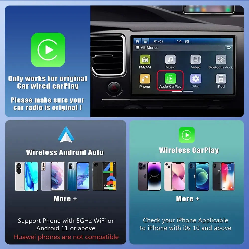 2-in-1 Wired to Wireless CarPlay & Android Auto Adapter – 5GHz Smart Plug & Play
