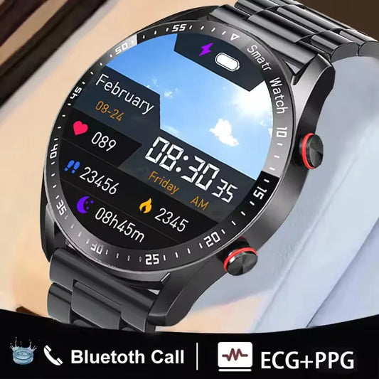 ساعة ذكية مزودة بخاصية ECG+PPG ومكالمات بلوتوث - ساعة رياضية للرجال، مقاومة للماء، وجهاز مراقبة ضغط الدم مع صندوق