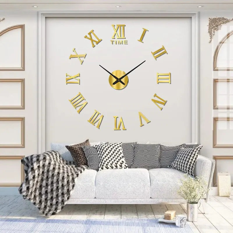 ساعة حائط رقمية ثلاثية الأبعاد مصنوعة من الأكريليك - تصميم مرآة بأرقام رومانية كبيرة دائرية ذاتية اللصق