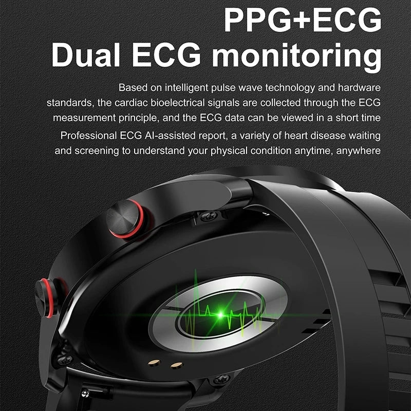 ساعة ذكية مزودة بخاصية ECG+PPG ومكالمات بلوتوث - ساعة رياضية للرجال، مقاومة للماء، وجهاز مراقبة ضغط الدم مع صندوق