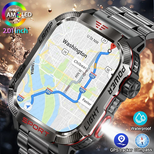ساعة هواوي شاومي العسكرية الذكية بنظام تحديد المواقع العالمي (GPS)، جهاز تتبع رياضي خارجي مقاوم للماء، مكالمات بلوتوث، مصباح يدوي، بوصلة
