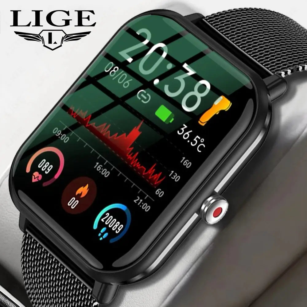 LIGE 2024 Smart Watch – Full Touch Screen Sports Fitness Watch, IP67 Waterproof, Bluetooth, Android & iOS Compatibility
