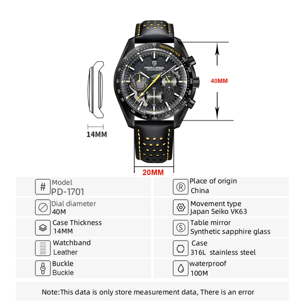 PAGANI DESIGN 1701 Moon Men’s Luxury Quartz Chronograph Watch – Waterproof AR Sapphire Mirror